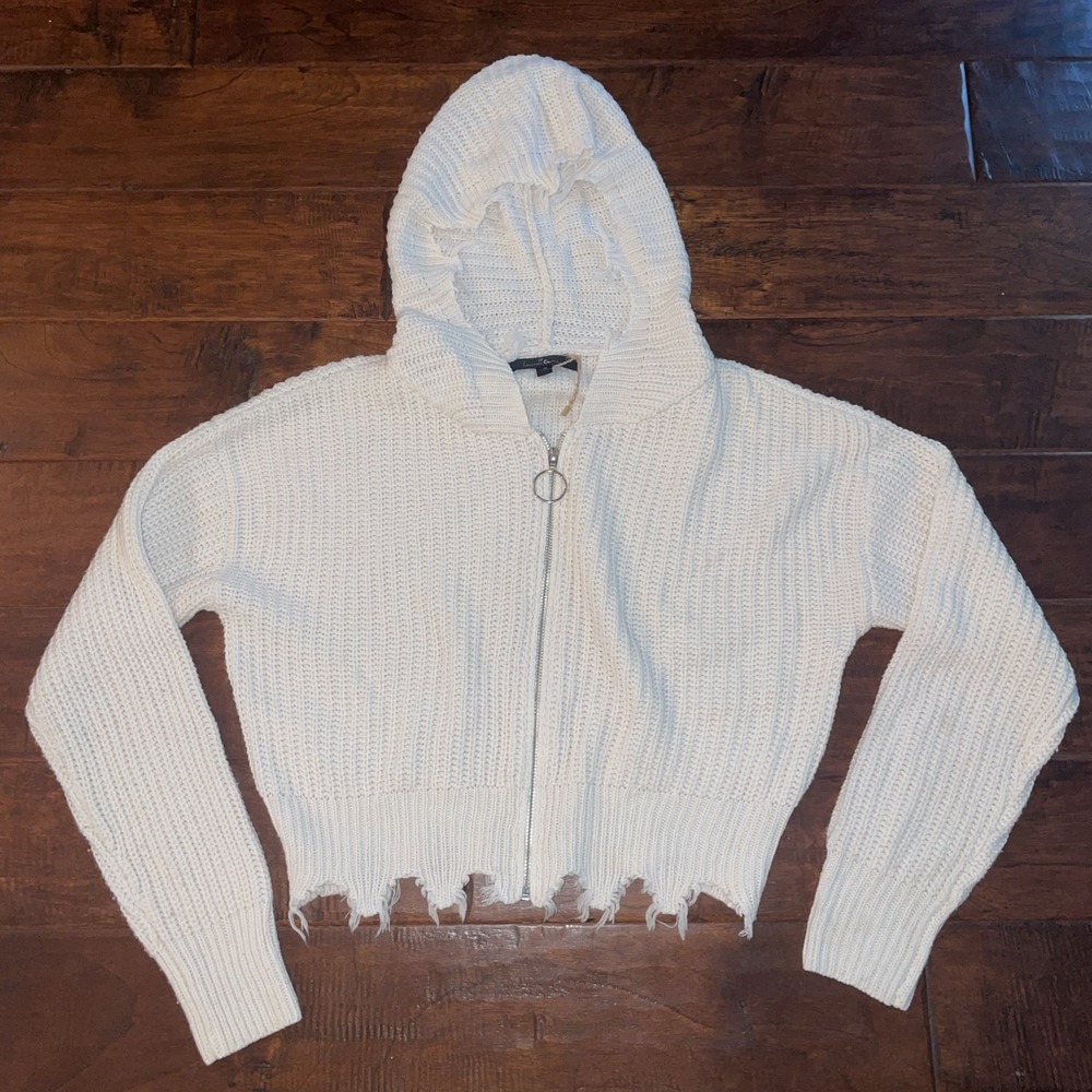 Love Tree ‎ Cropped Sweater Hoodie Raw Hem  Full Zip Size Medium - Picture 2 of 6